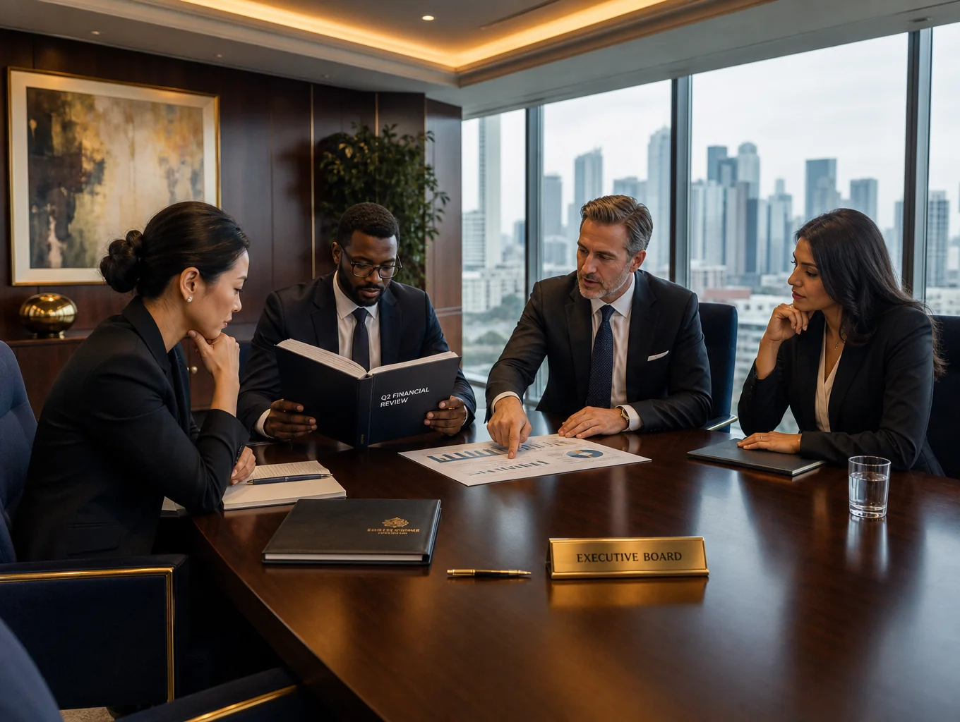 Executive leadership team discussing portfolio assets in a boardroom
