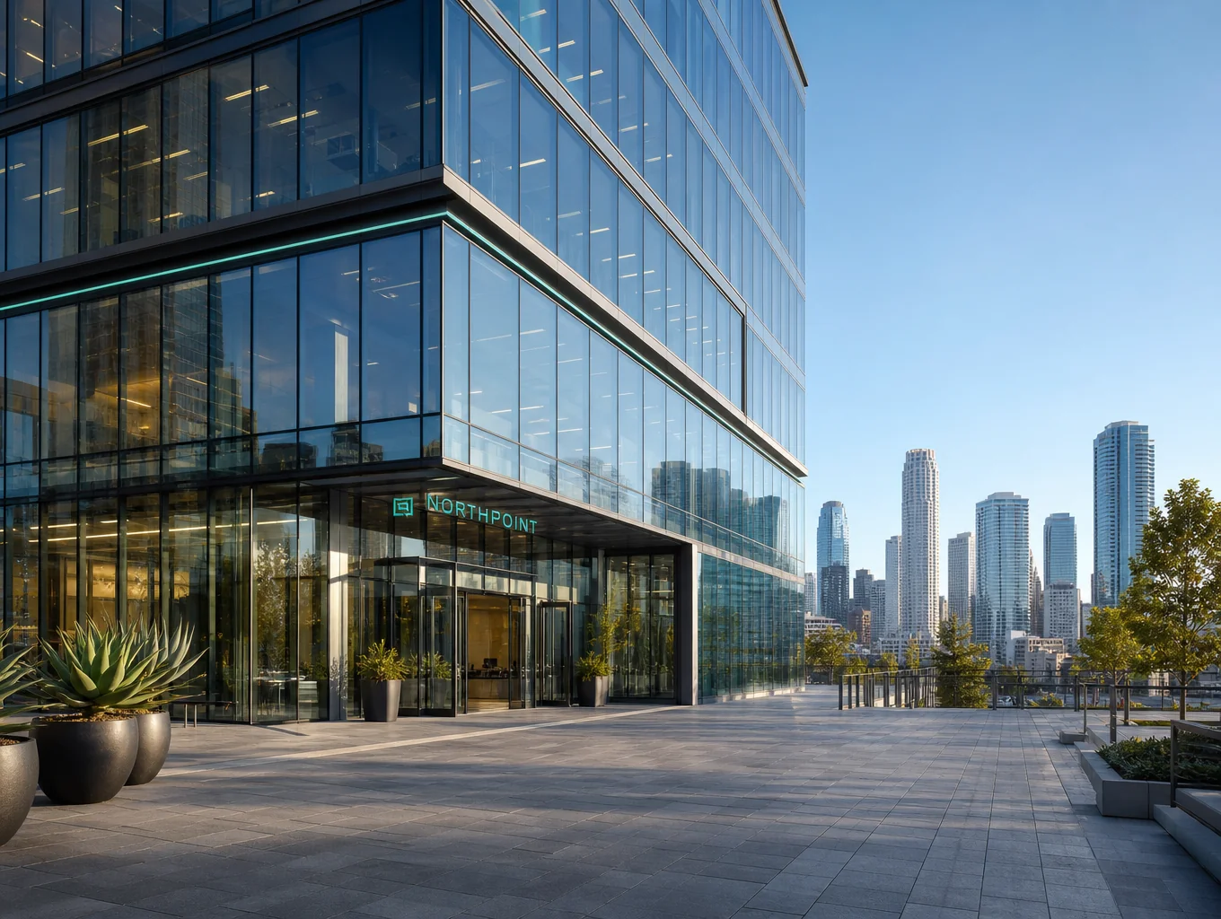 Modern glass skyscraper facade in neutral morning light